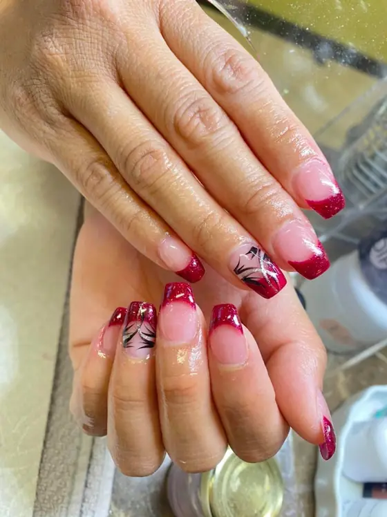 Cherry French tips with painted detail
