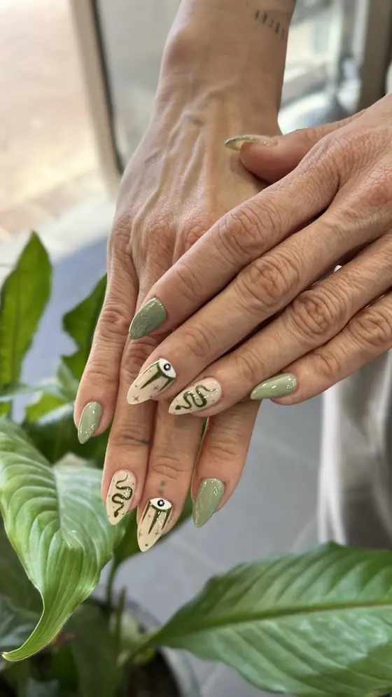 Sage & gold nails done at K&J Luxury Nail Spa